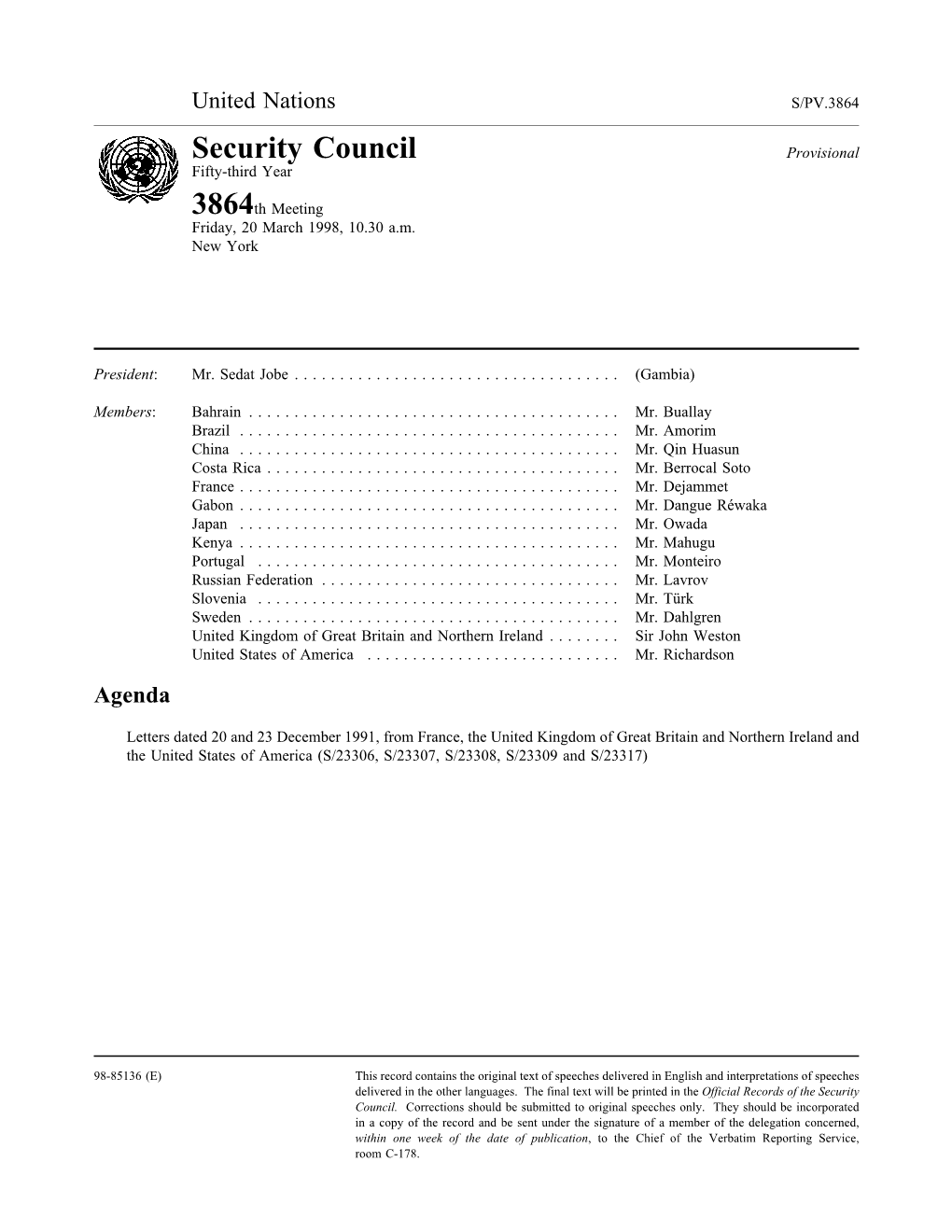 Security Council Provisional Fifty-Third Year
