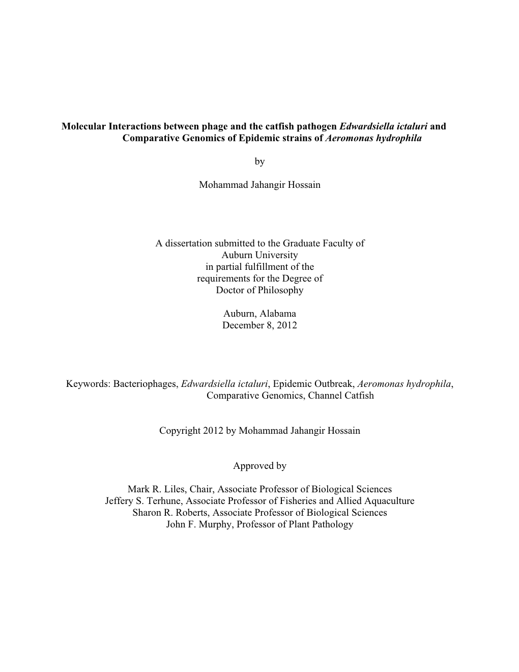 Molecular Interactions Between Phage and the Catfish Pathogen Edwardsiella Ictaluri and Comparative Genomics of Epidemic Strains of Aeromonas Hydrophila