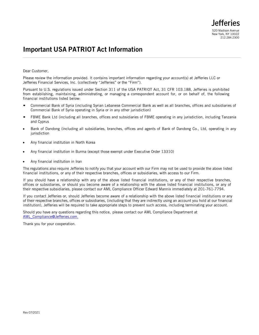 Important USA PATRIOT Act Information