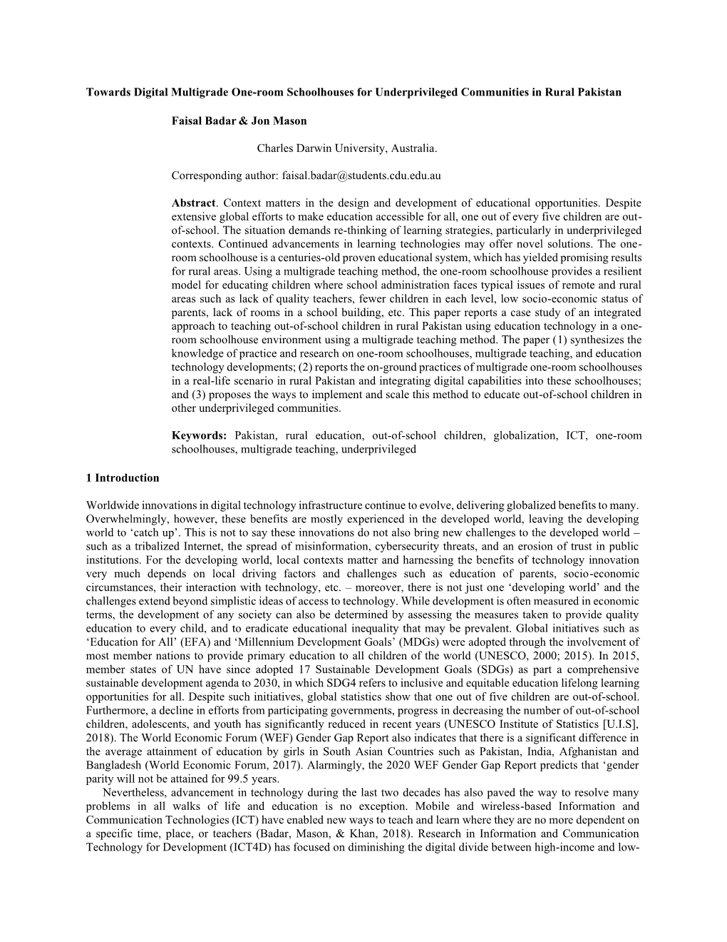 Towards Digital Multigrade One-Room Schoolhouses for Underprivileged Communities in Rural Pakistan