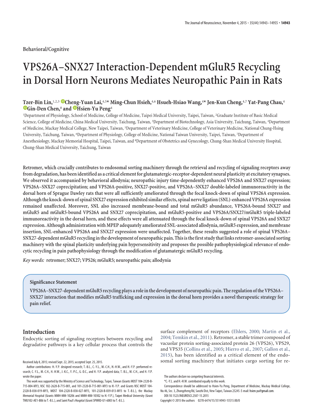 VPS26A–SNX27 Interaction-Dependent Mglur5 Recycling in Dorsal Horn Neurons Mediates Neuropathic Pain in Rats