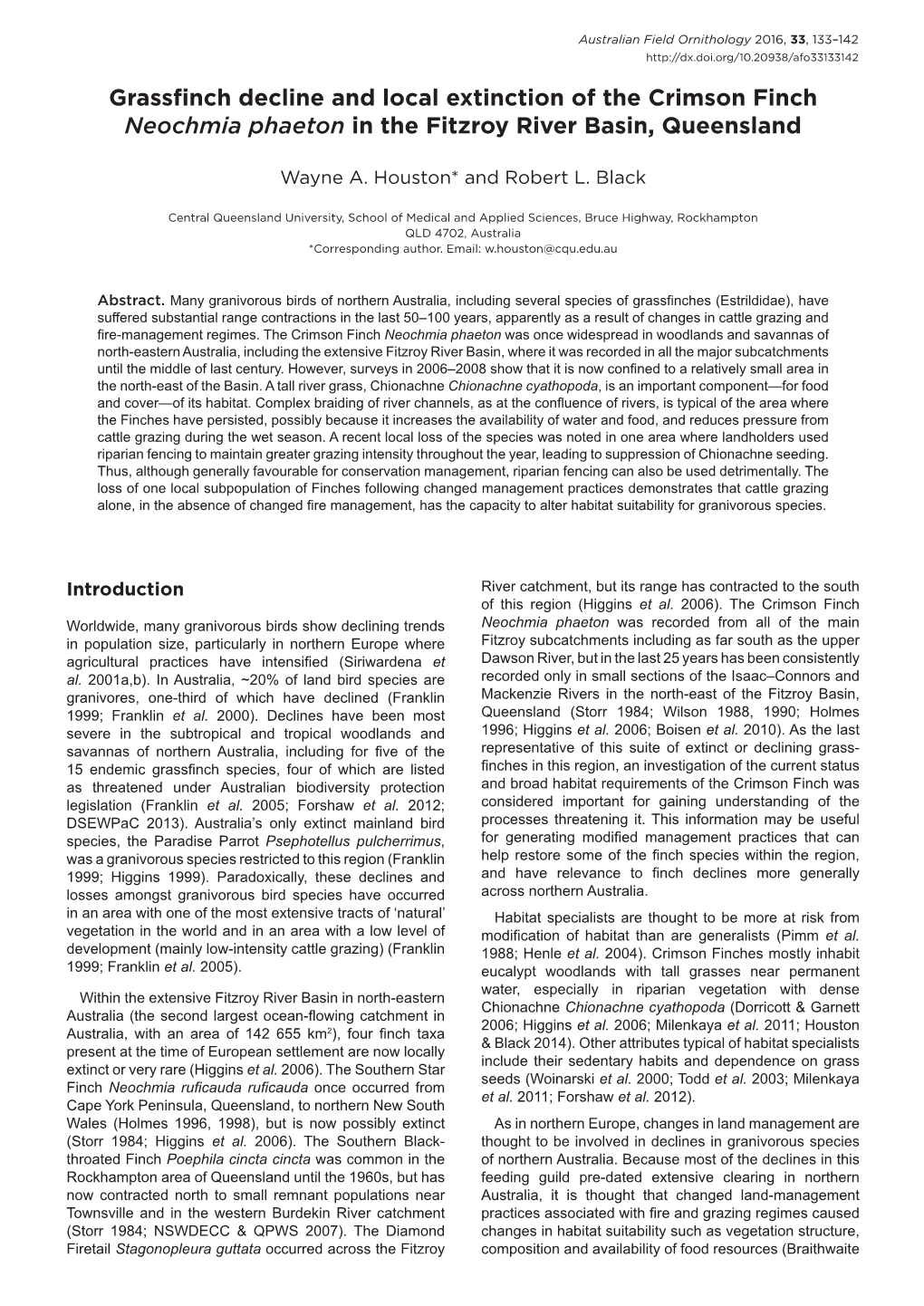 Grassfinch Decline and Local Extinction of the Crimson Finch Neochmia Phaeton in the Fitzroy River Basin, Queensland