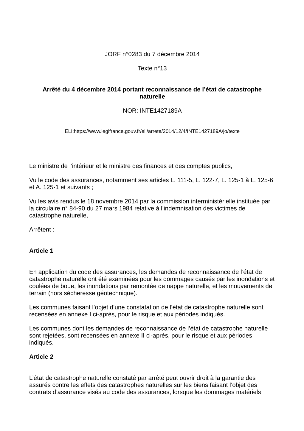 Arrêté Du 4 Décembre 2014 Portant Reconnaissance De L’État De Catastrophe Naturelle