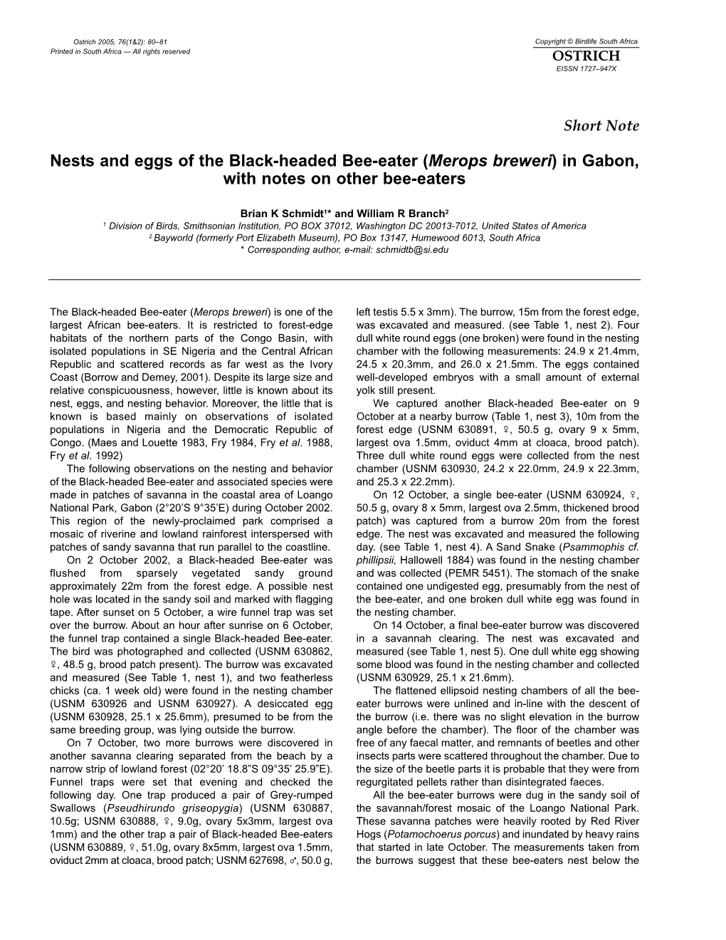 Nests and Eggs of the Black-Headed Bee-Eater (Merops Breweri) in Gabon, with Notes on Other Bee-Eaters