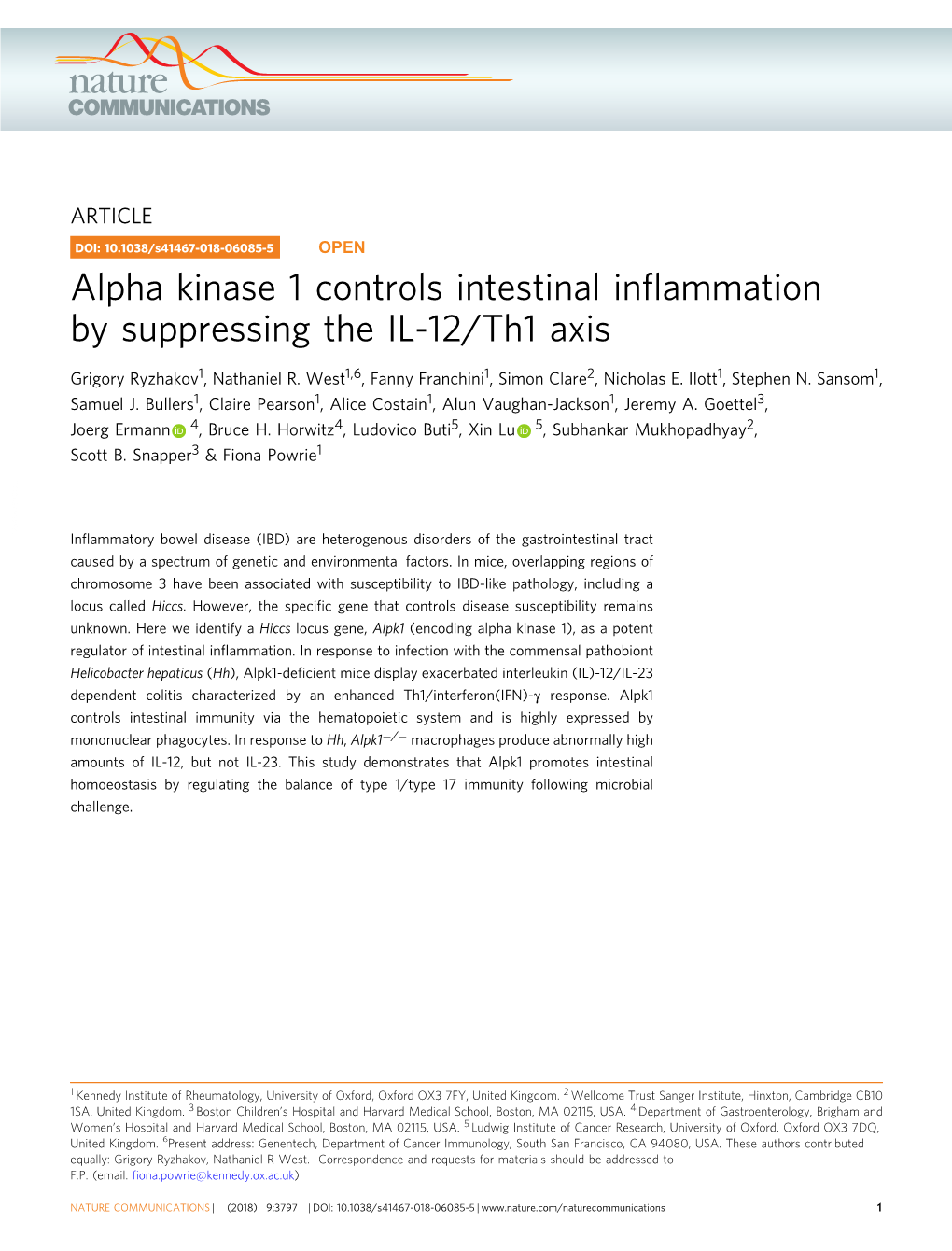 Alpha Kinase 1 Controls Intestinal Infiammation by Suppressing the IL