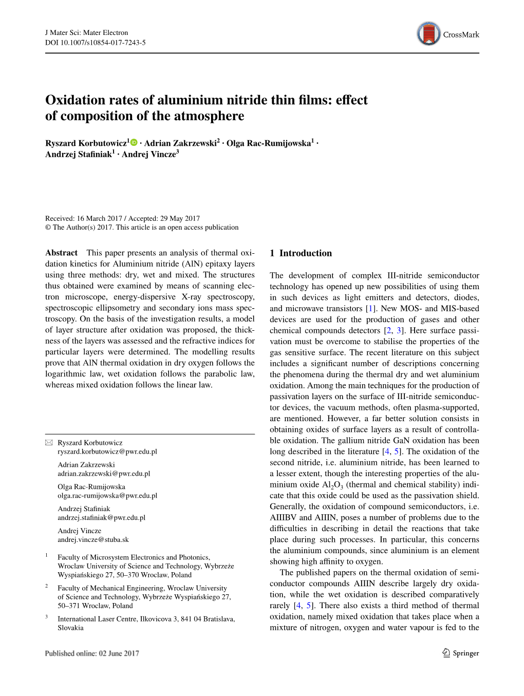 Oxidation Rates of Aluminium Nitride Thin Films: Effect of Composition of the Atmosphere