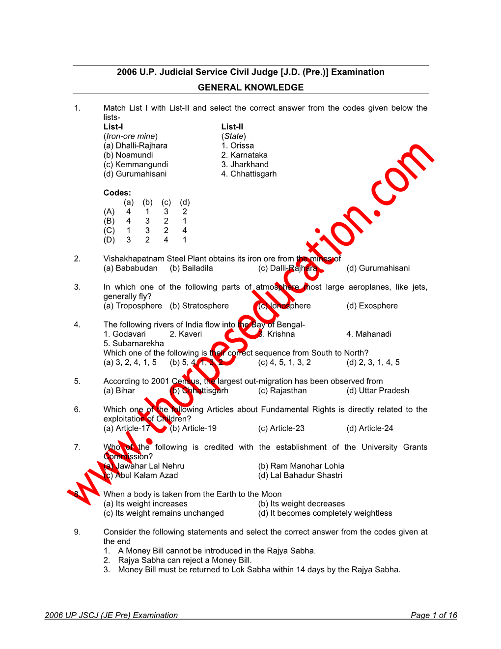 2006 up JSCJ (JE Pre) Examination Page 1 of 16