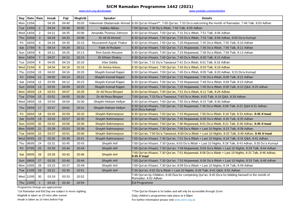 Download Ramadan Programme Timetable