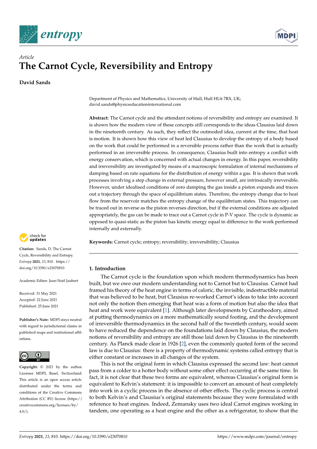 The Carnot Cycle, Reversibility and Entropy