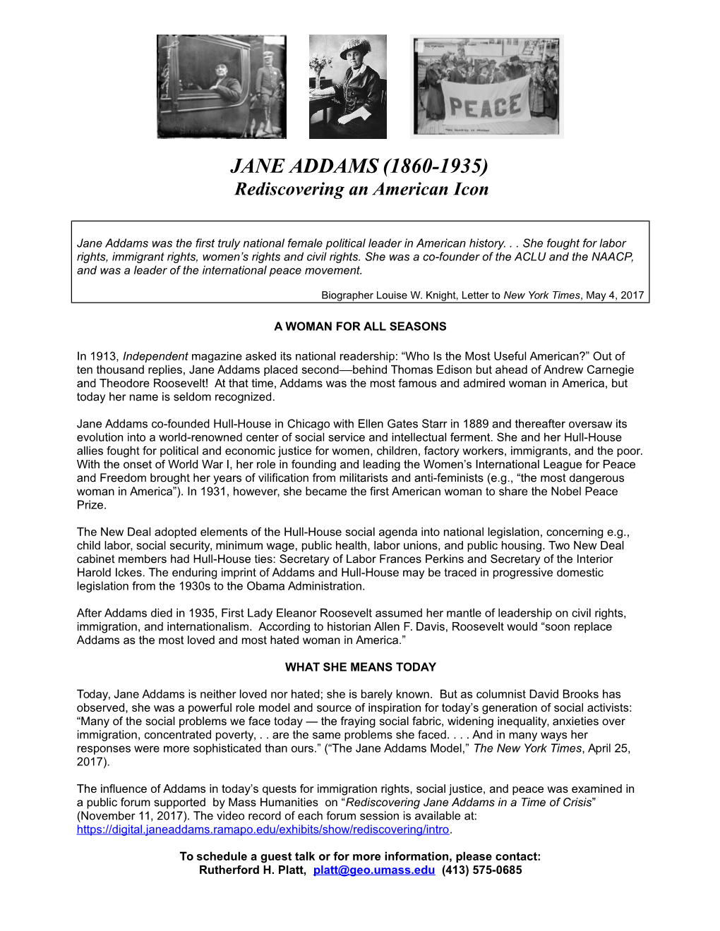 JANE ADDAMS (1860-1935) Rediscovering an American Icon