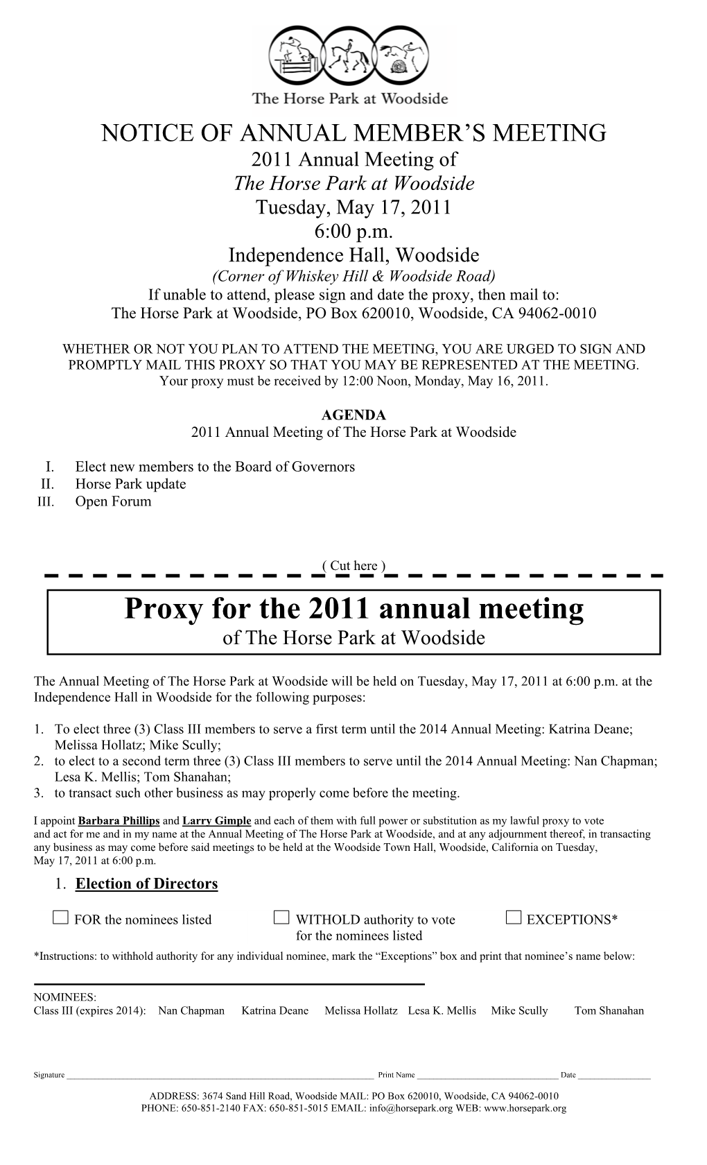 Proxy for the 2011 Annual Meeting of the Horse Park at Woodside