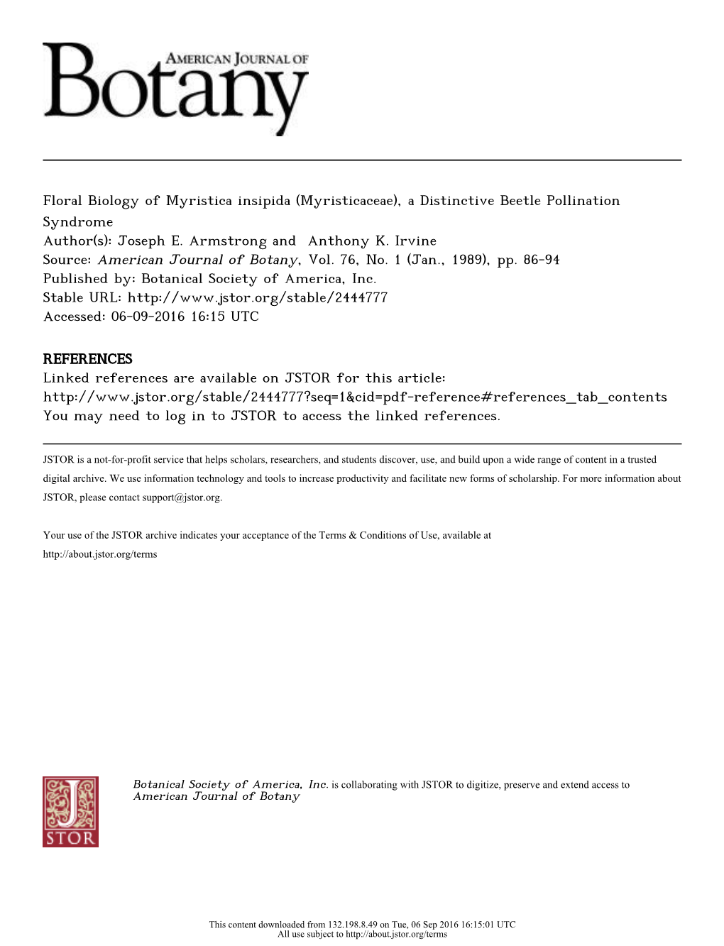 Floral Biology of Myristica Insipida (Myristicaceae), a Distinctive Beetle Pollination Syndrome Author(S): Joseph E