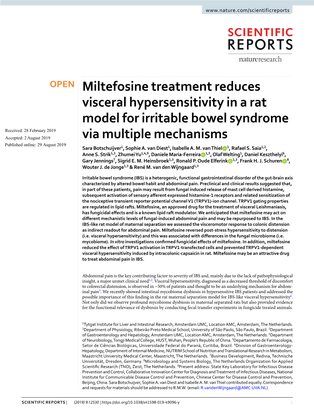 Miltefosine Treatment Reduces Visceral Hypersensitivity in a Rat Model For