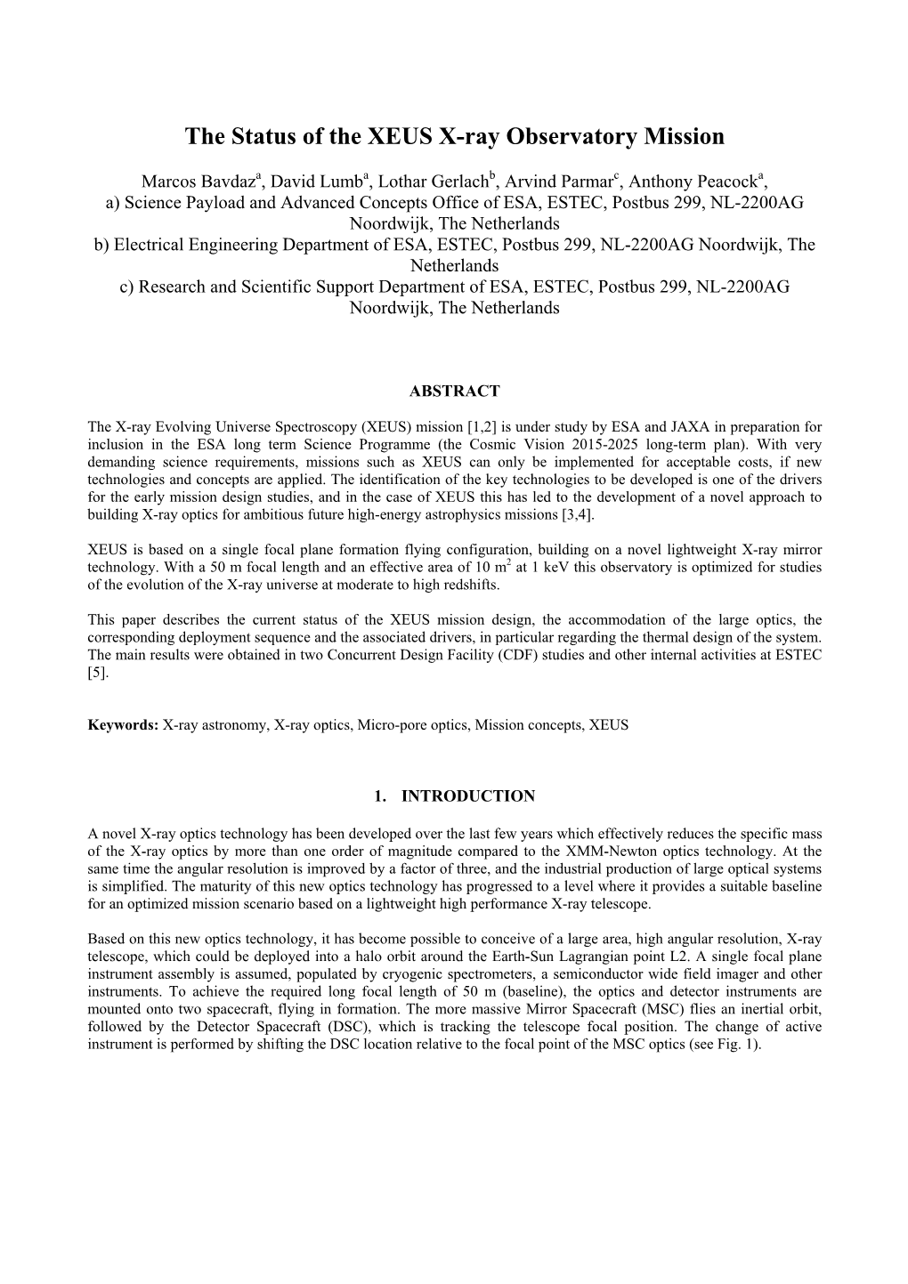 The Status of the XEUS X-Ray Observatory Mission