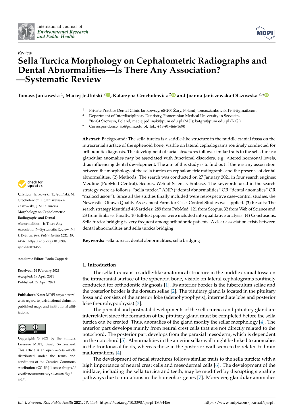 Sella Turcica Morphology on Cephalometric Radiographs and Dental Abnormalities—Is There Any Association? —Systematic Review