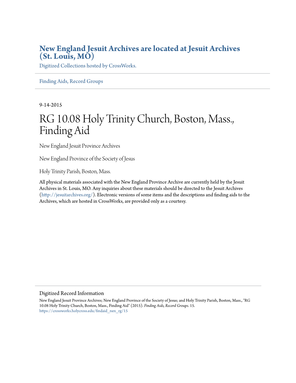 RG 10.08 Holy Trinity Church, Boston, Mass., Finding Aid New England Jesuit Province Archives