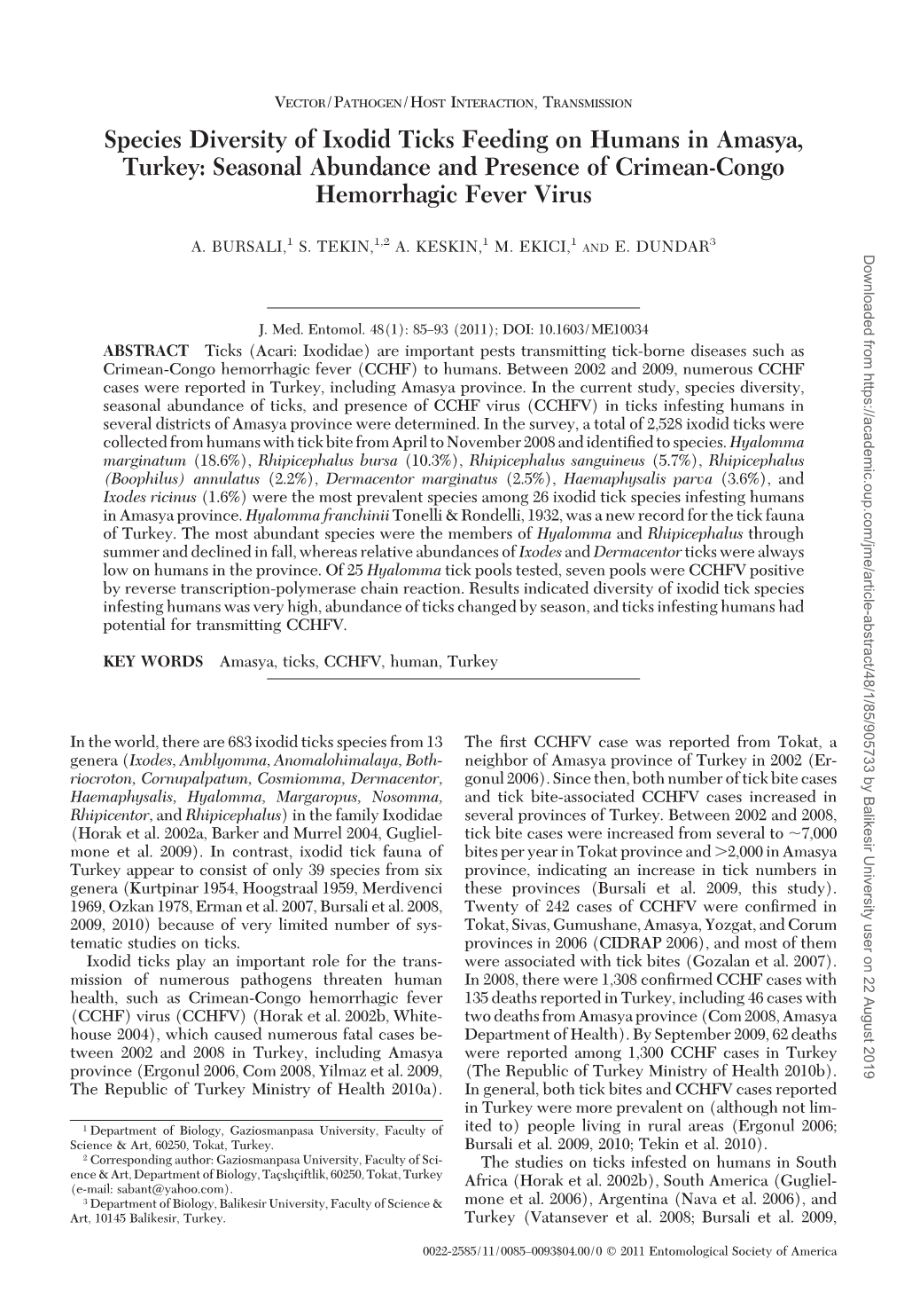 Species Diversity of Ixodid Ticks Feeding on Humans in Amasya, Turkey: Seasonal Abundance and Presence of Crimean-Congo Hemorrhagic Fever Virus