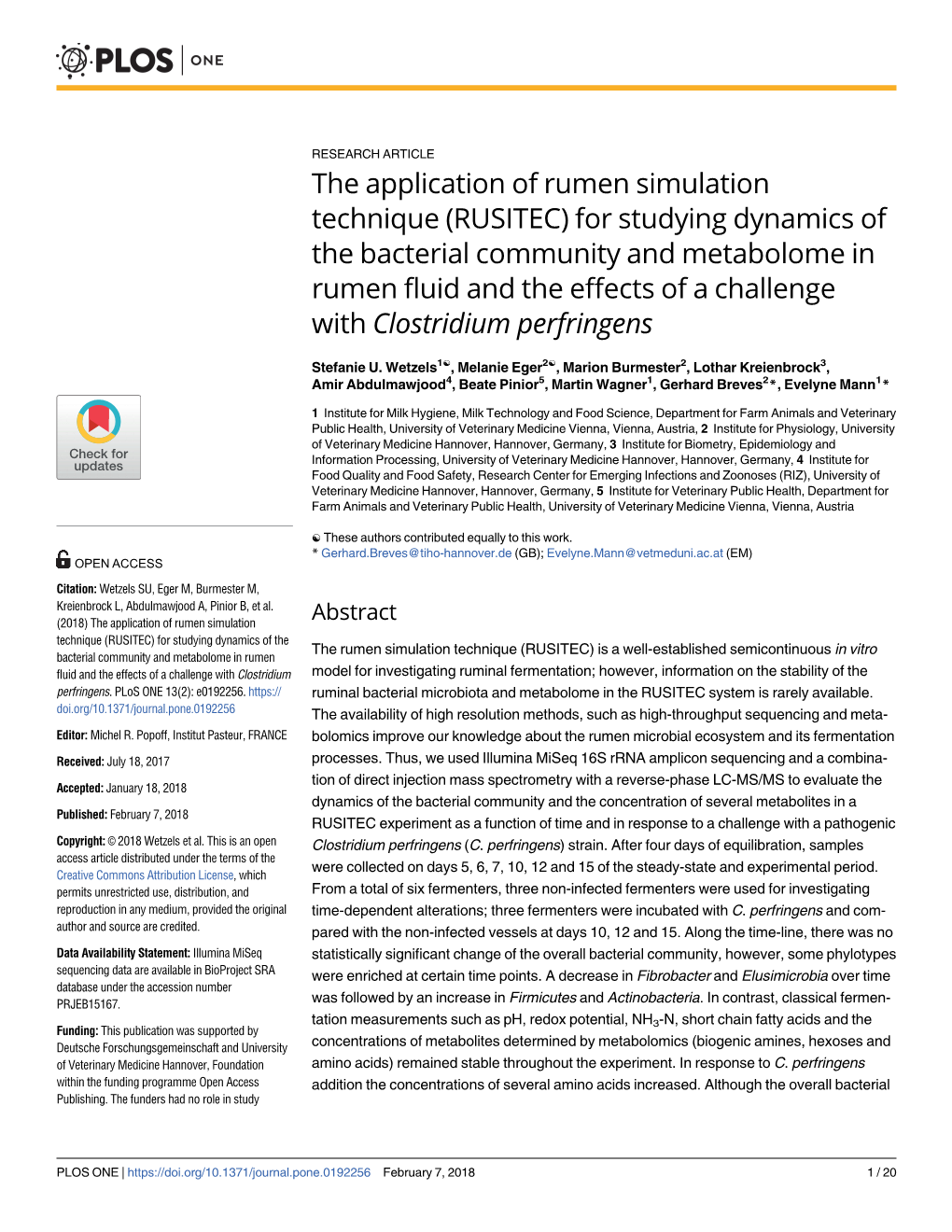 For Studying Dynamics of the Bacterial Community and Metabolome in Rumen Fluid and the Effects of a Challenge with Clostridium Perfringens