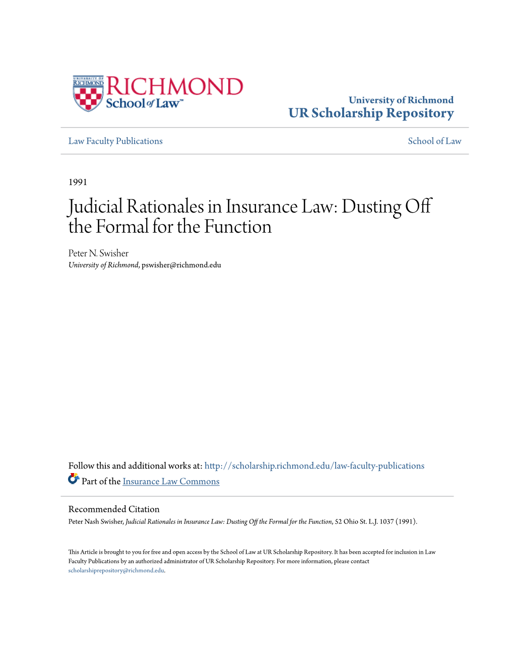 Judicial Rationales in Insurance Law: Dusting Off the Formal for the Function Peter N