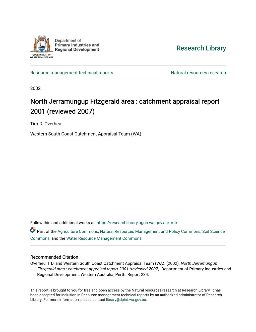 North Jerramungup Fitzgerald Area : Catchment Appraisal Report 2001 (Reviewed 2007)