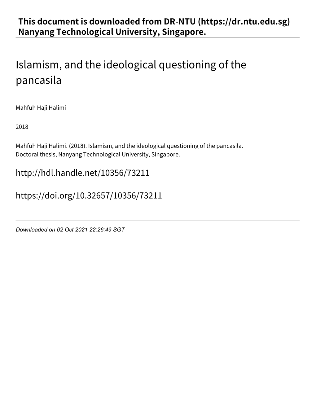 Islamism, and the Ideological Questioning of the Pancasila