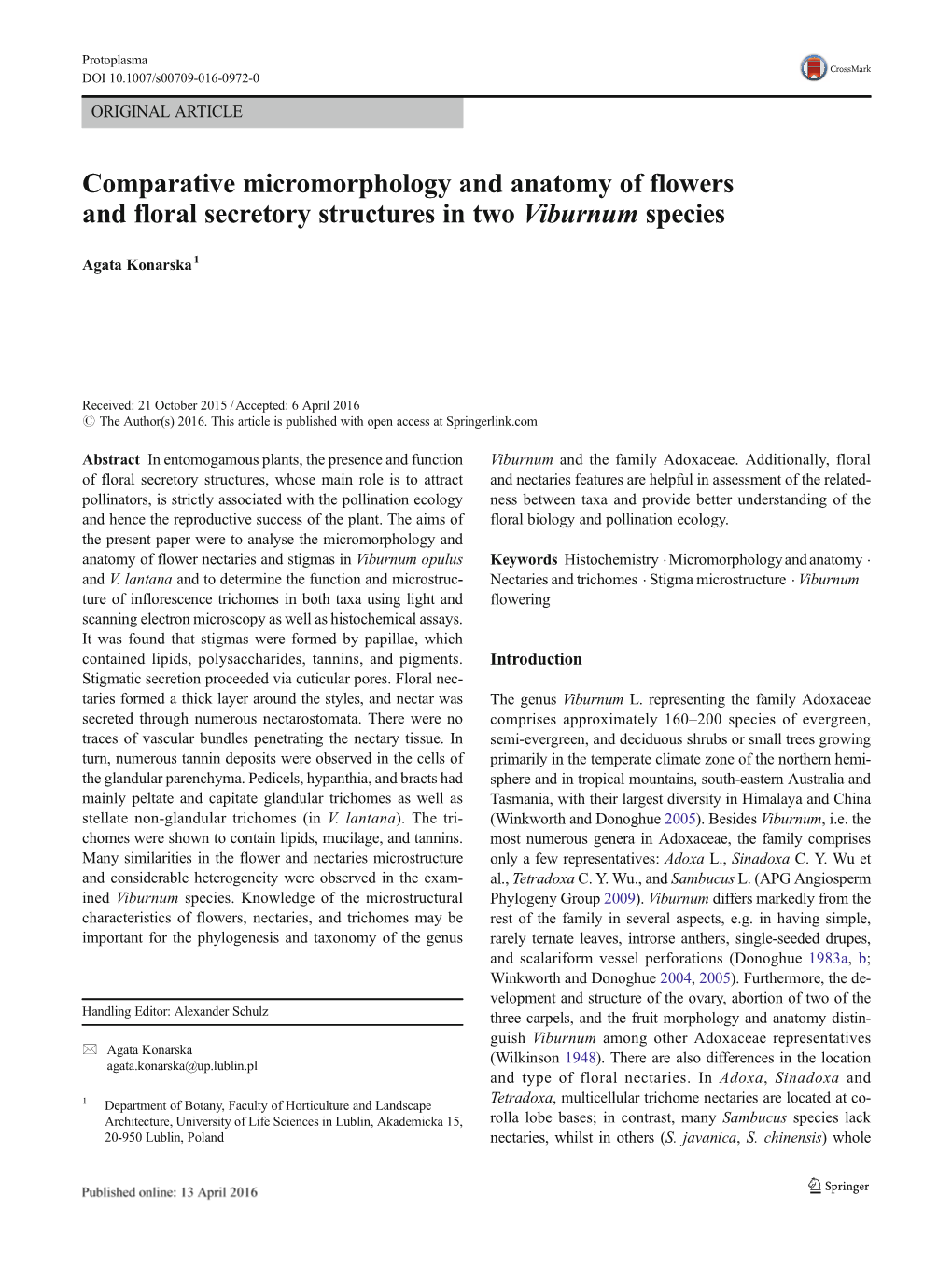 Comparative Micromorphology and Anatomy of Flowers and Floral Secretory Structures in Two Viburnum Species