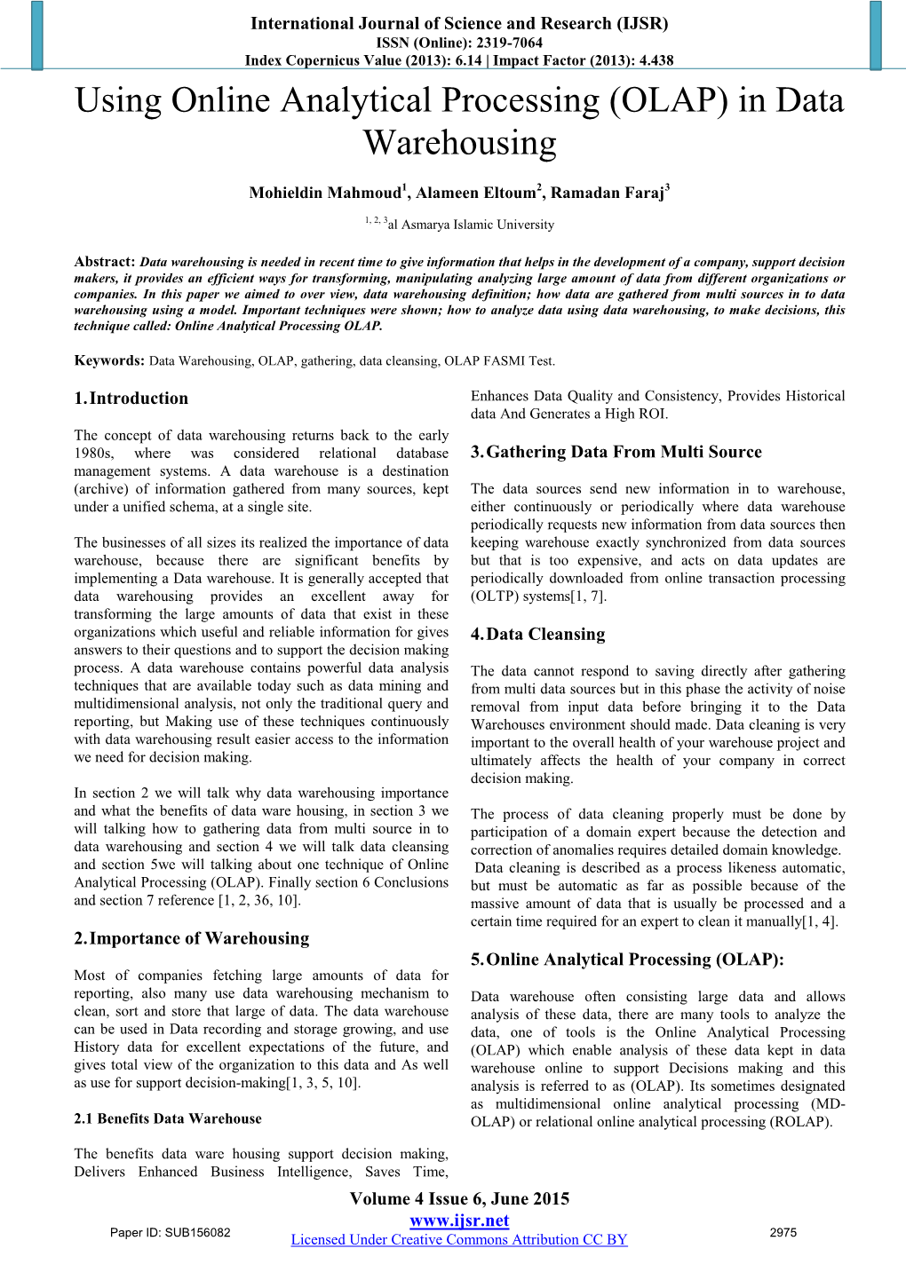 Using Online Analytical Processing (OLAP) in Data Warehousing