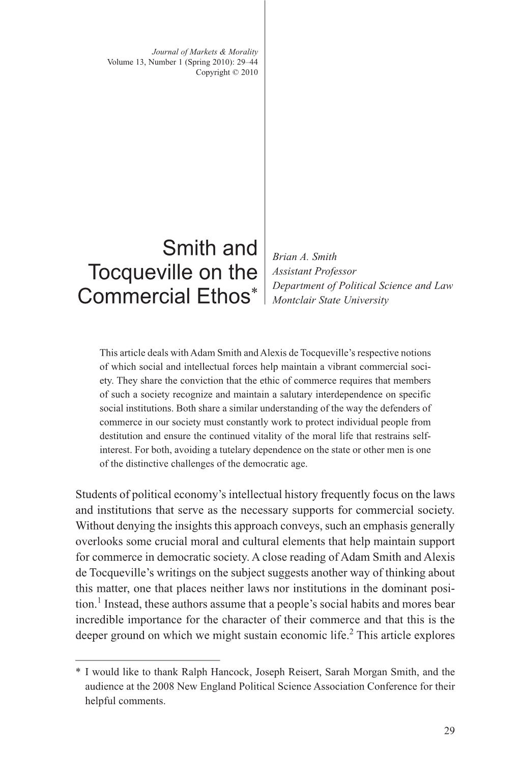 Smith and Tocqueville on the Commercial Ethos*