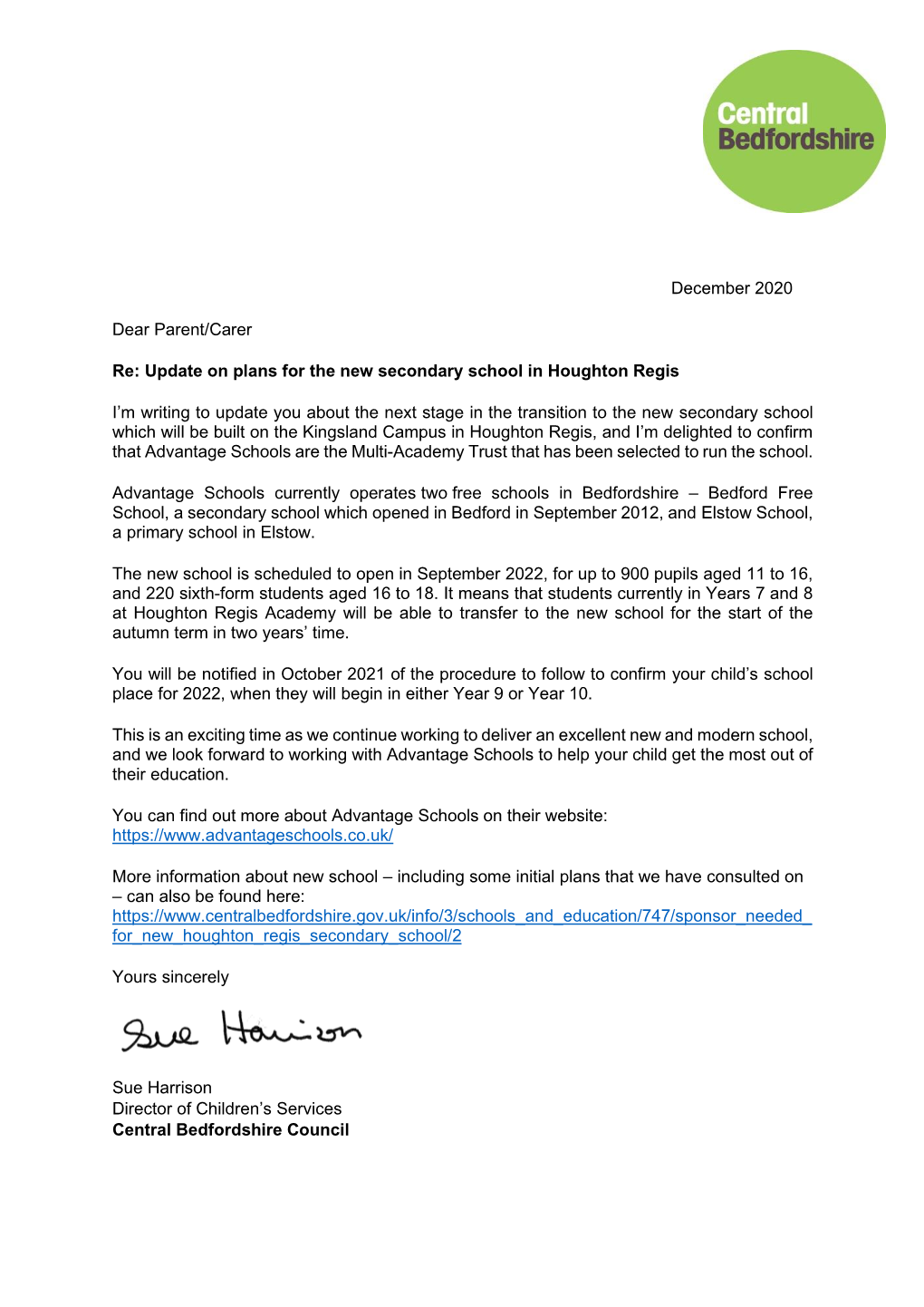 December 2020 Dear Parent/Carer Re: Update on Plans for the New Secondary School in Houghton Regis I'm Writing to Update