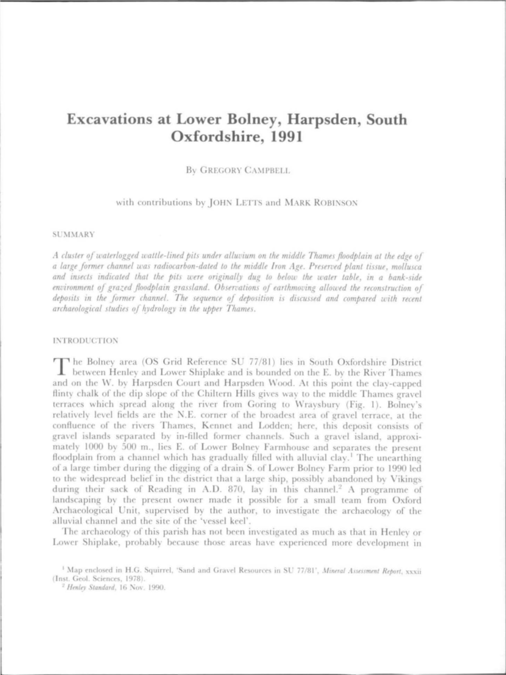 Excavations at Lower Bolney, Harpsden, South Oxfordshire, 1991