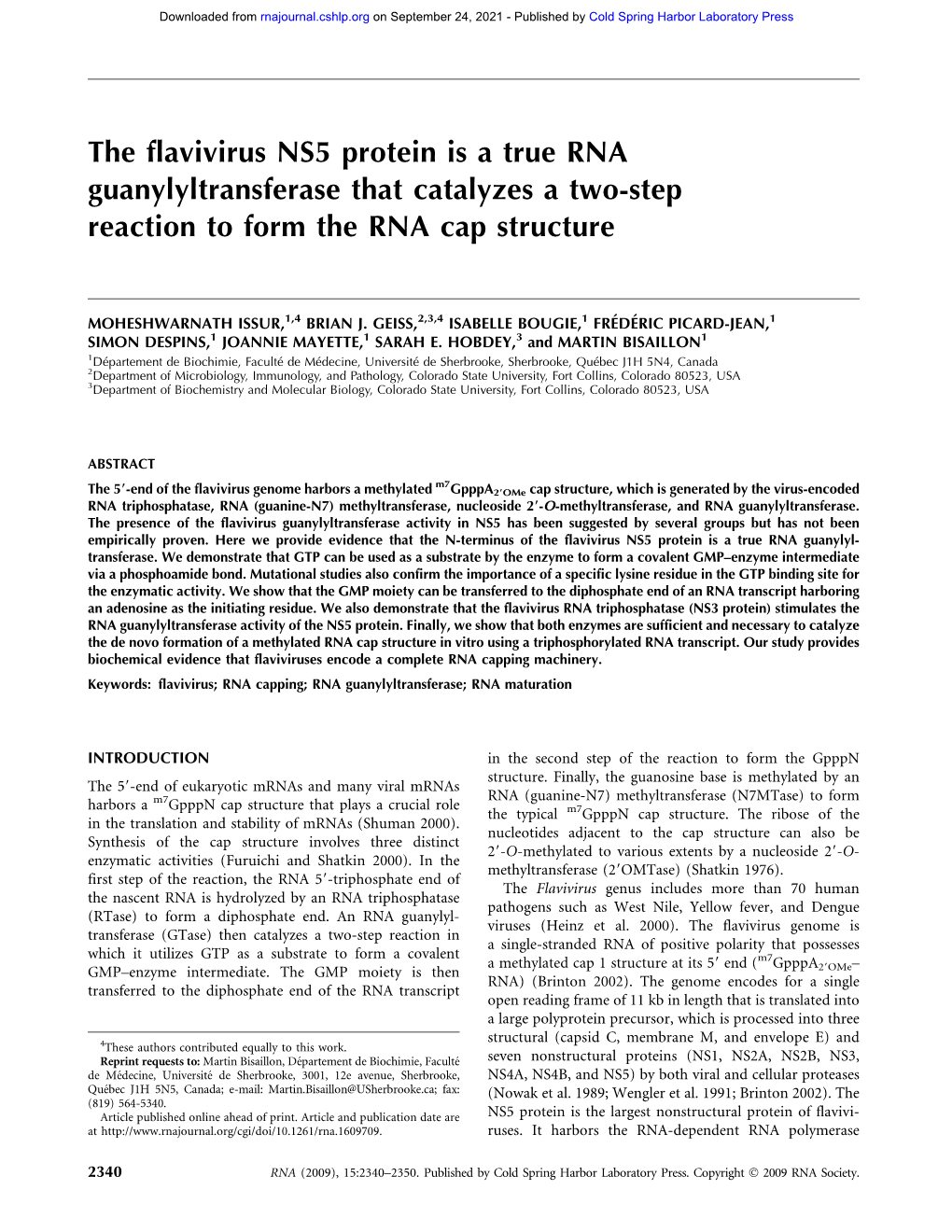 The Flavivirus NS5 Protein Is a True RNA Guanylyltransferase That Catalyzes a Two-Step Reaction to Form the RNA Cap Structure