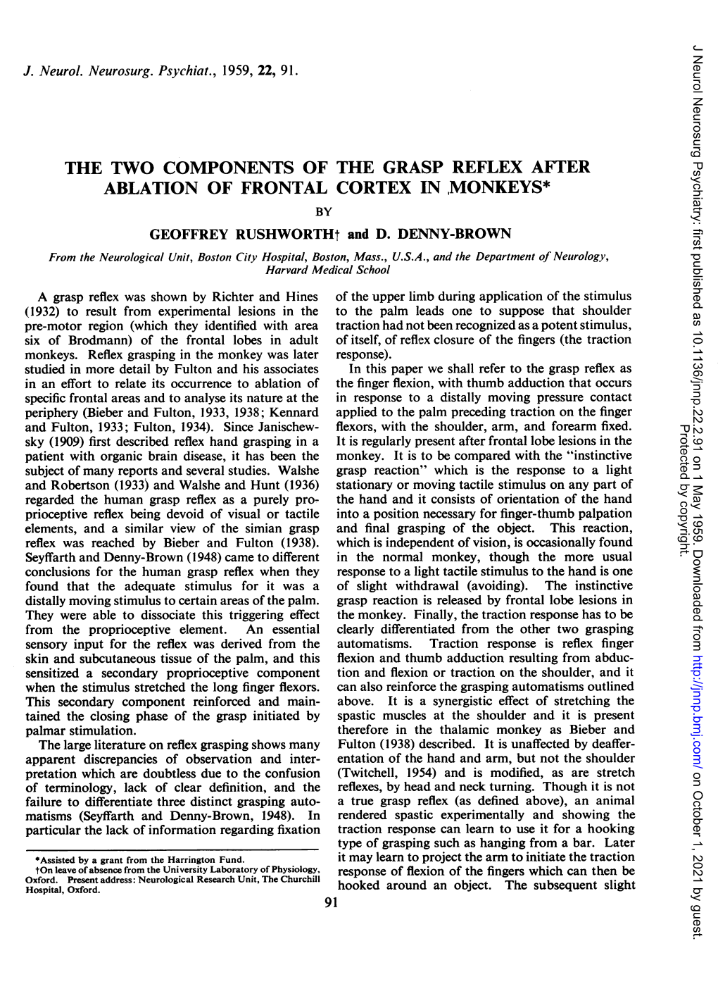 THE TWO COMPONENTS of the GRASP REFLEX AFTER ABLATION of FRONTAL CORTEX IN,MONKEYS* by GEOFFREY Rushwortht and D