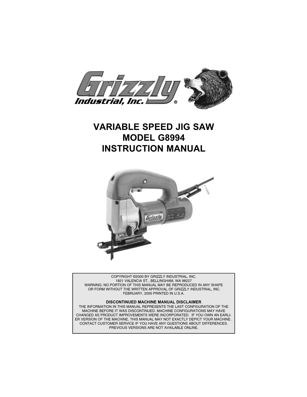 Variable Speed Jig Saw Model G8994 Instruction Manual