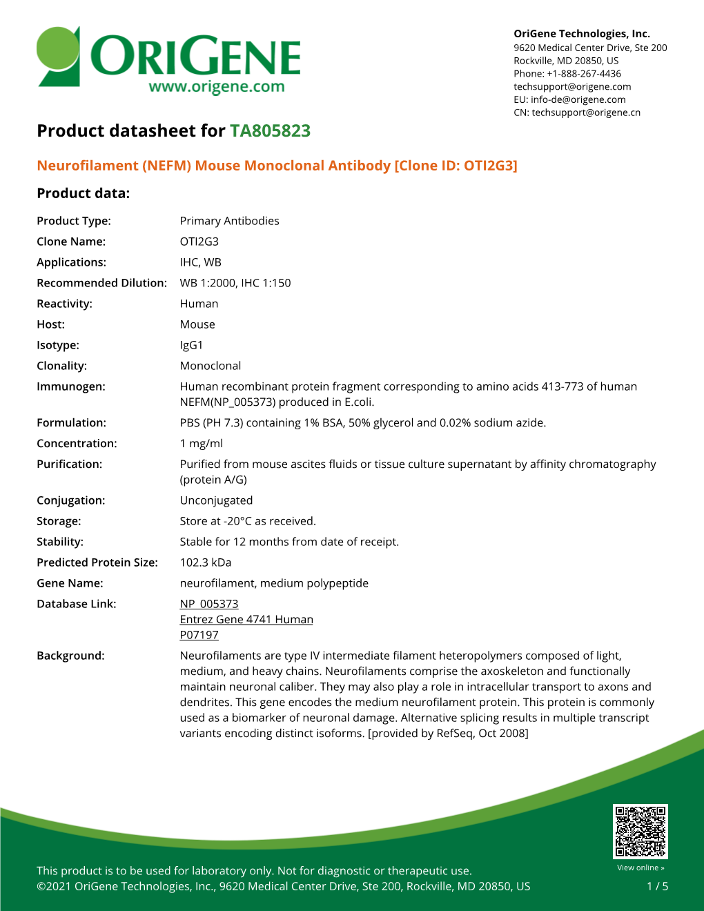 Neurofilament (NEFM) Mouse Monoclonal Antibody [Clone ID: OTI2G3] Product Data