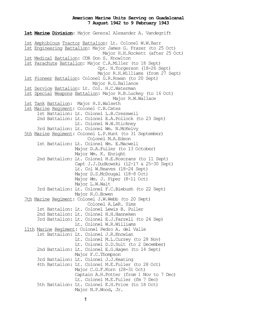 American Marine Forces Serving on Guadalcanal, 7 August 1942 to 9