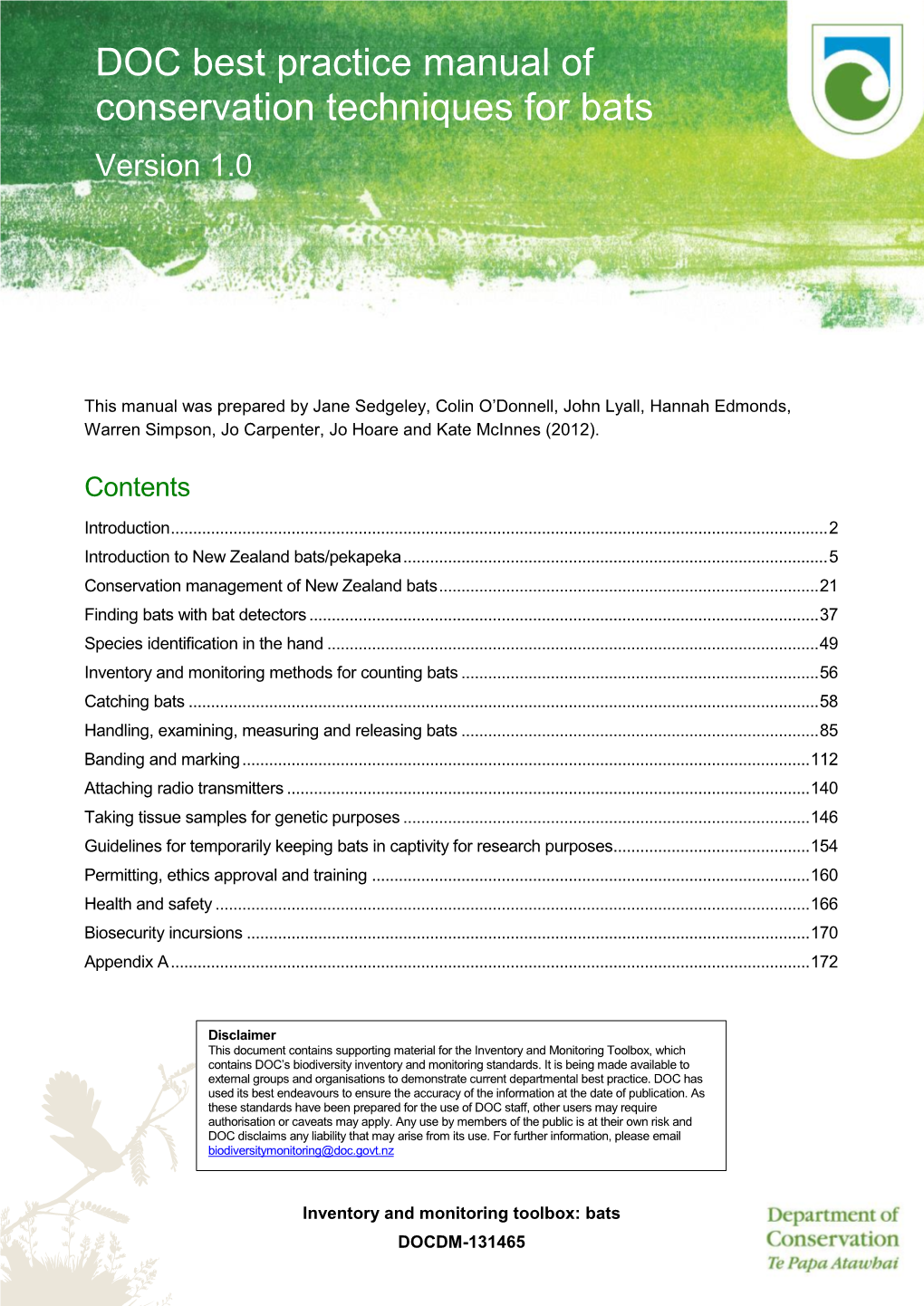 DOC Best Practice Manual of Conservation Techniques for Bats Version 1.0