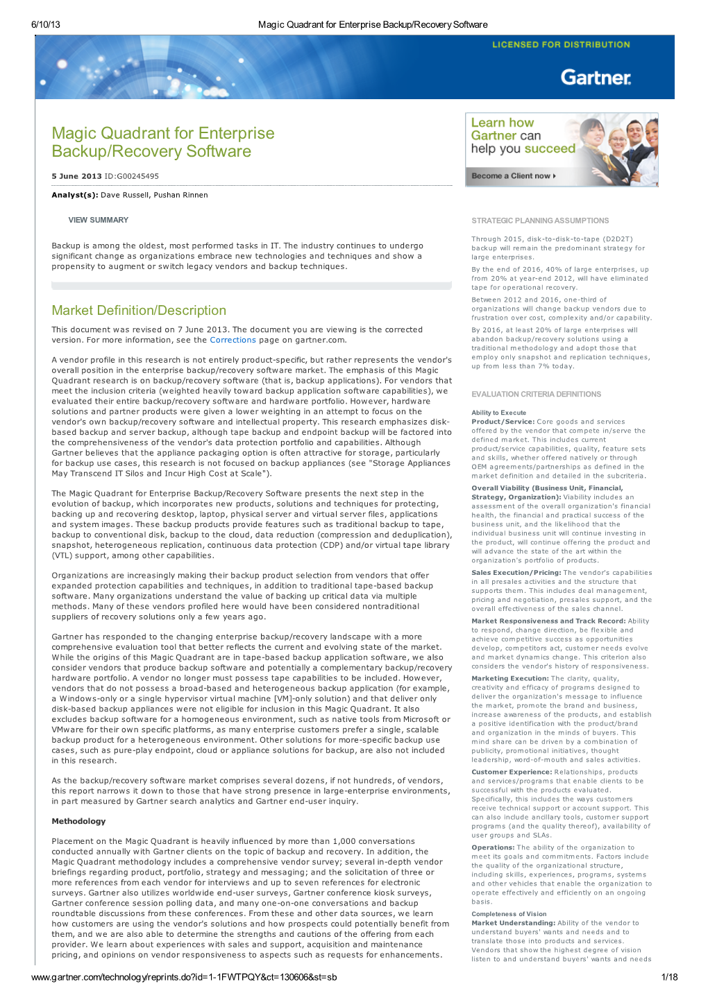 Magic Quadrant for Enterprise Backup/Recovery Software