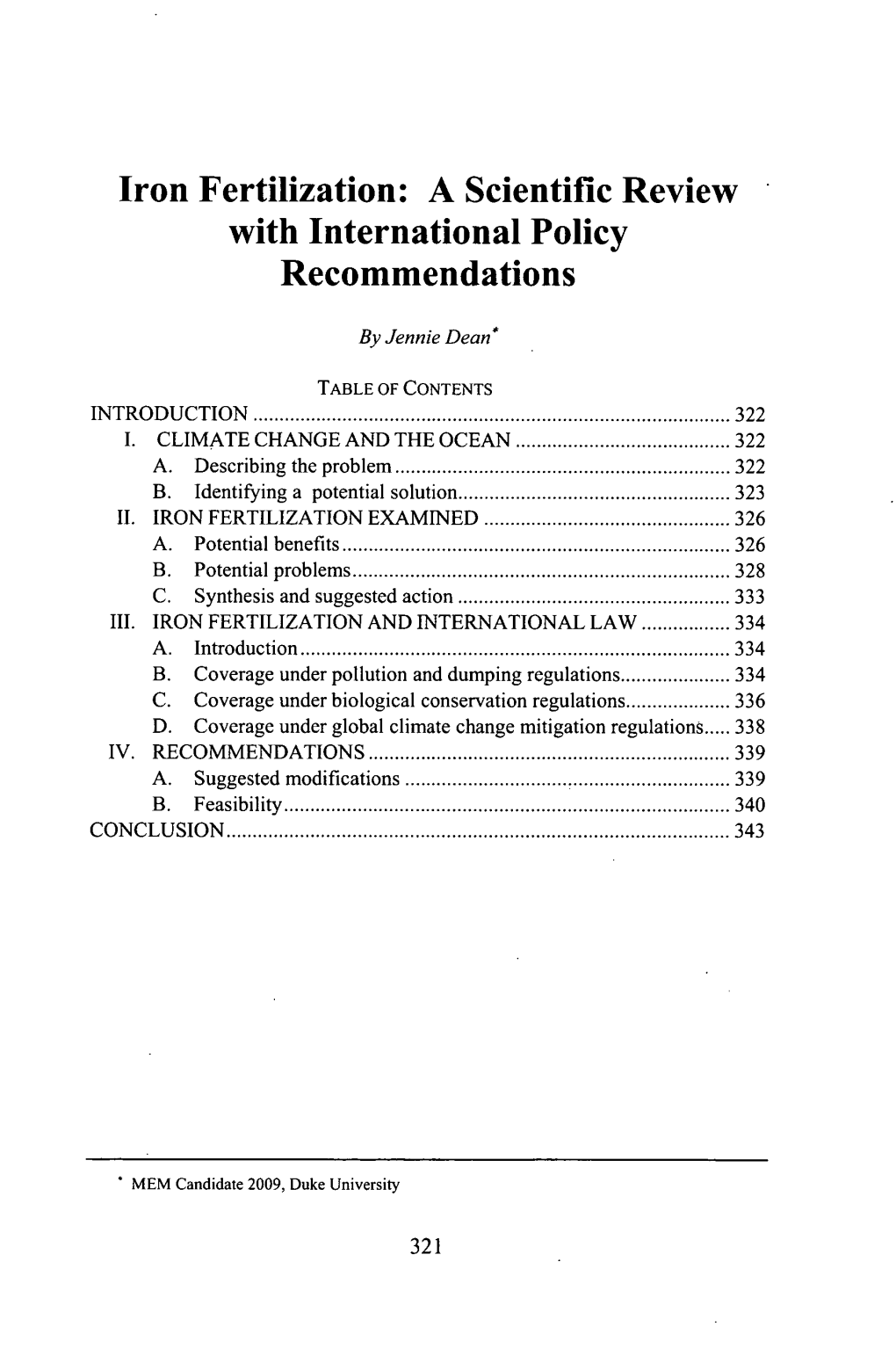 Iron Fertilization: a Scientific Review with International Policy Recommendations