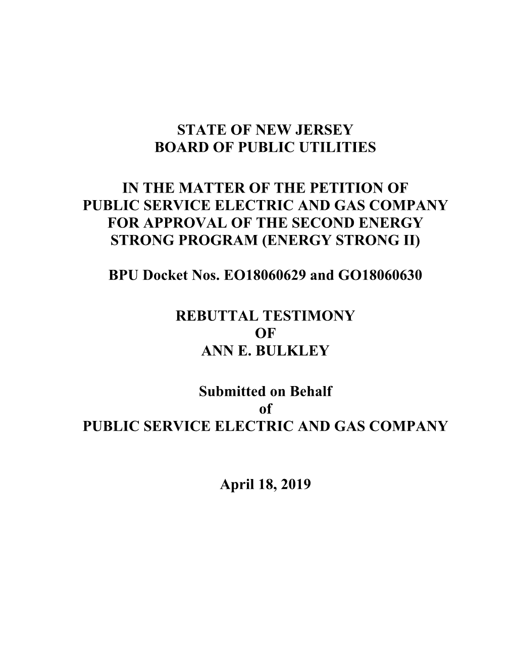 State of New Jersey Board of Public Utilities in The