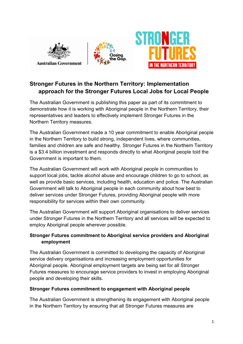 Implementation Approach for the Stronger Futures Local Jobs for Local People