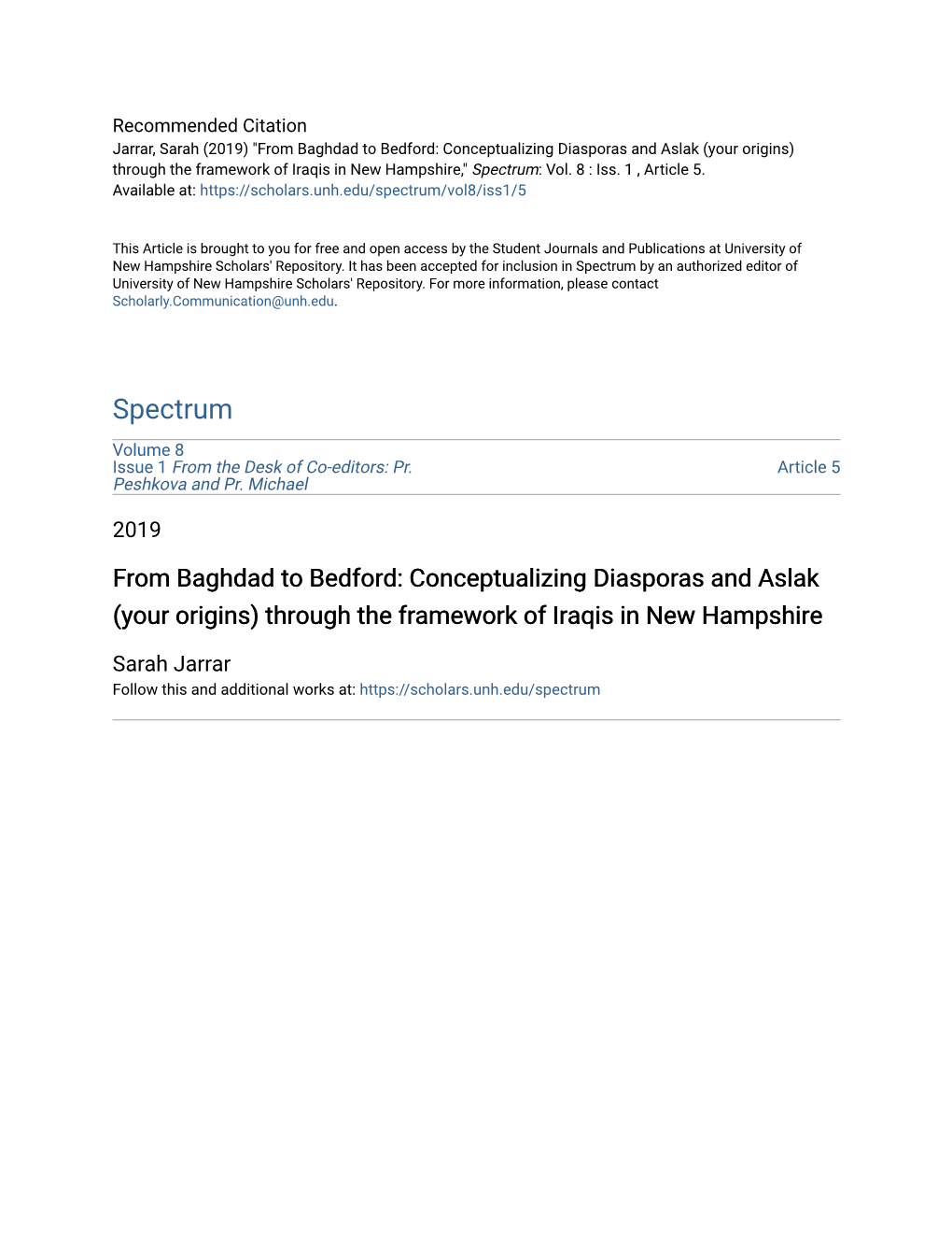 From Baghdad to Bedford: Conceptualizing Diasporas and Aslak (Your Origins) Through the Framework of Iraqis in New Hampshire,