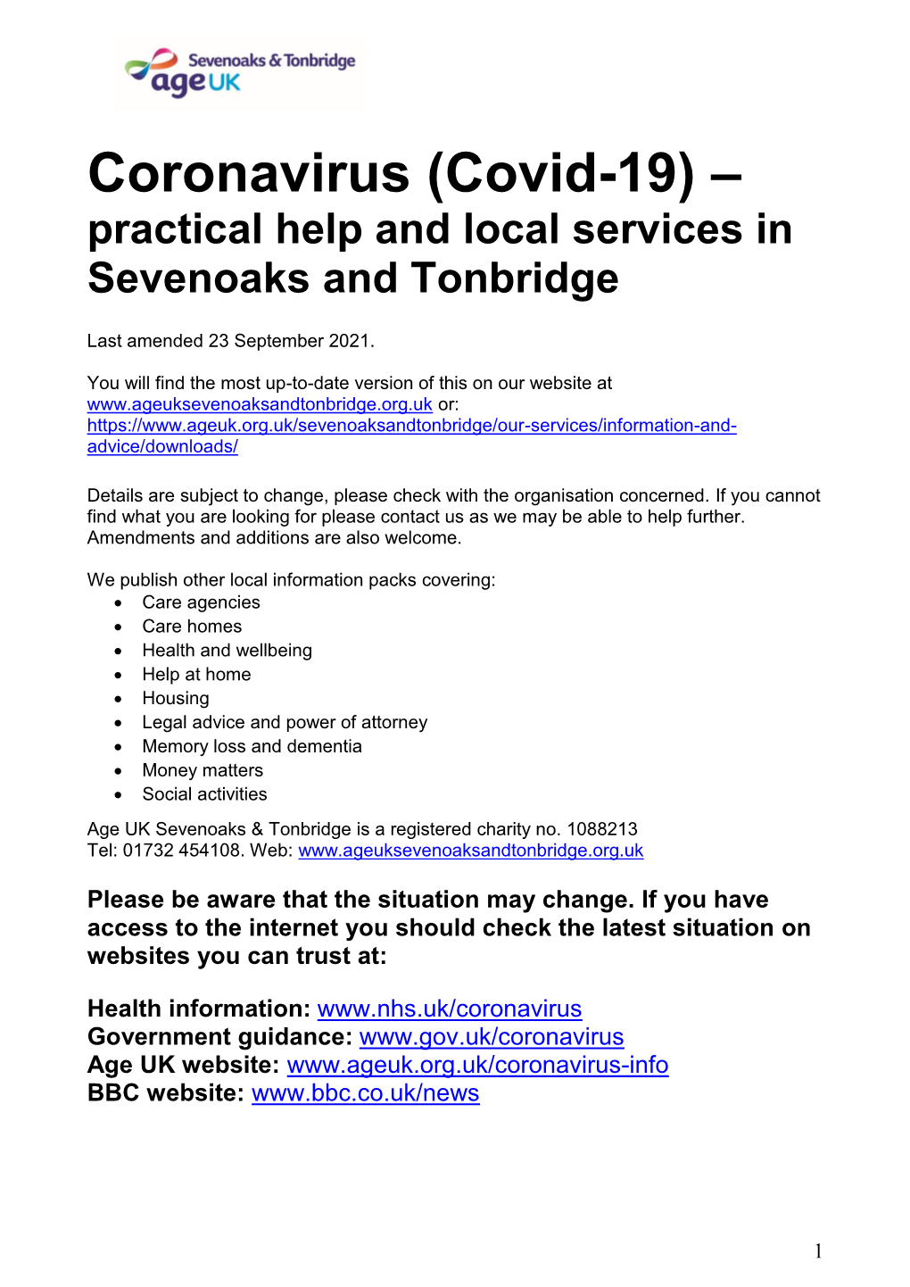 Coronavirus (Covid-19) – Practical Help and Local Services in Sevenoaks and Tonbridge