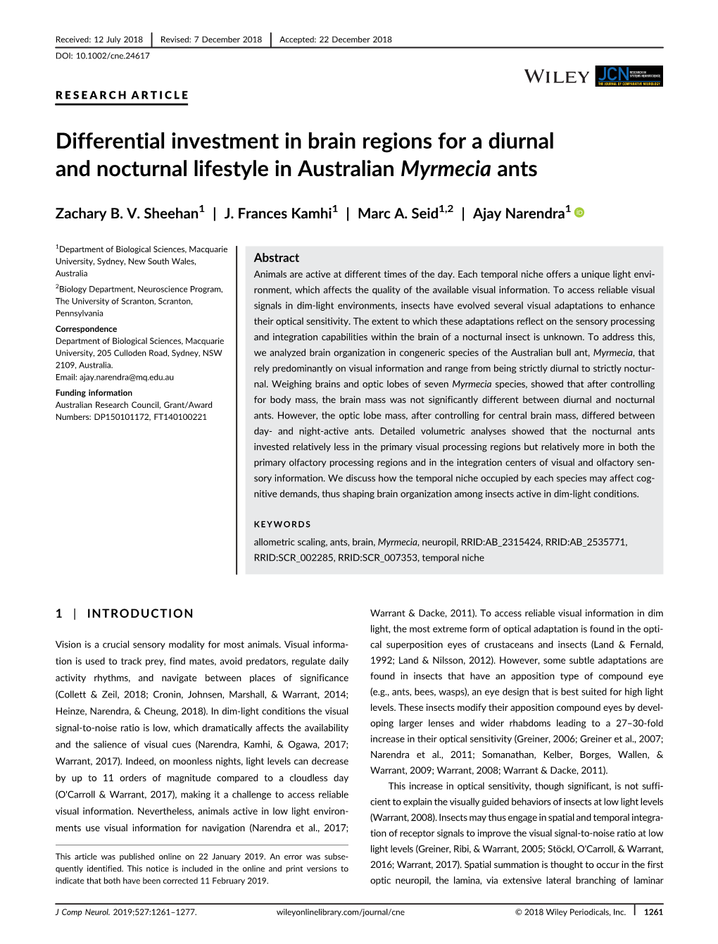 Differential Investment in Brain Regions for a Diurnal and Nocturnal Lifestyle in Australian Myrmecia Ants