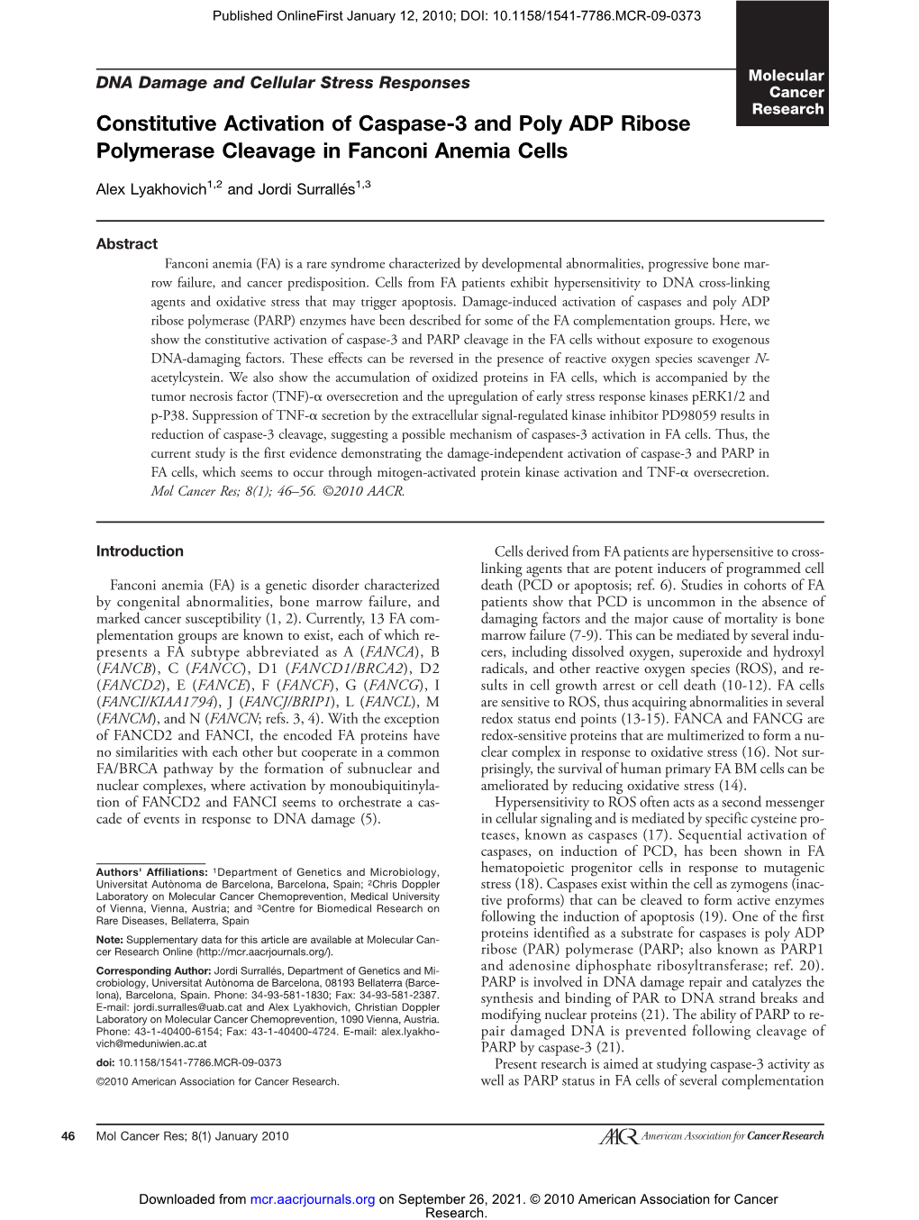 Constitutive Activation of Caspase-3 and Poly ADP Ribose Polymerase Cleavage in Fanconi Anemia Cells