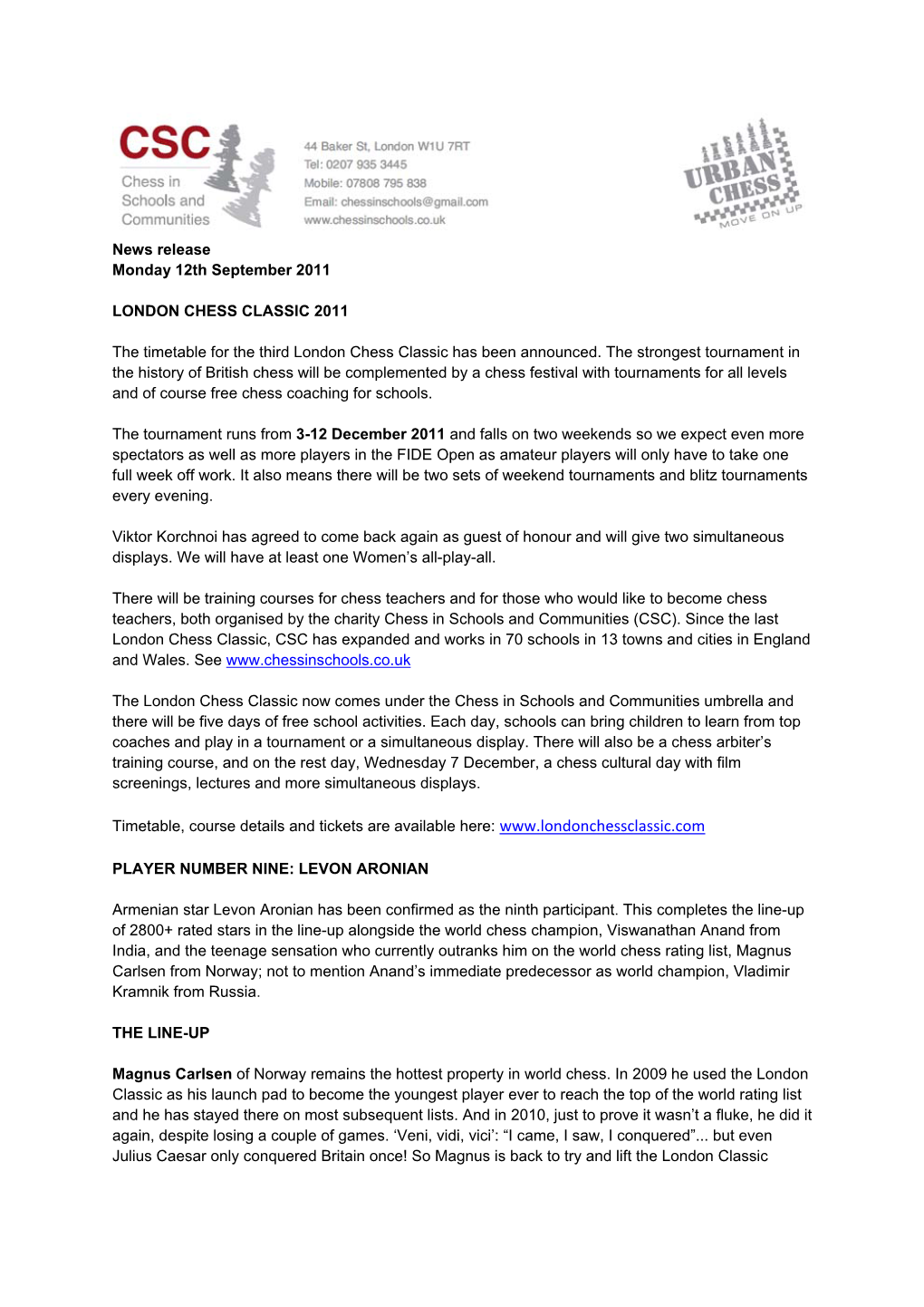 News Release Monday 12Th September 2011