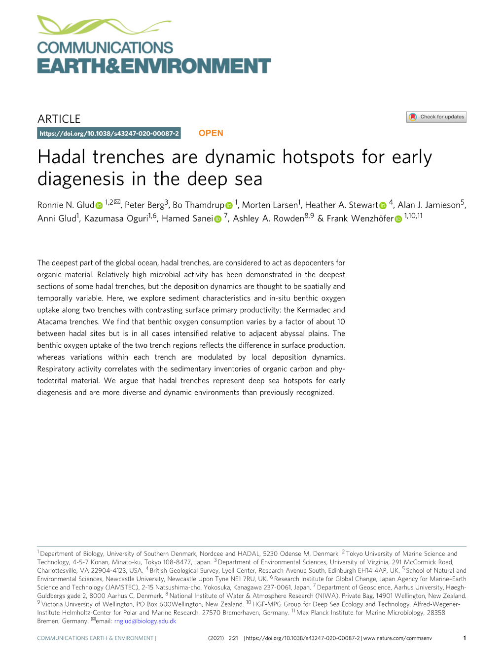 Hadal Trenches Are Dynamic Hotspots for Early Diagenesis in the Deep Sea ✉ Ronnie N