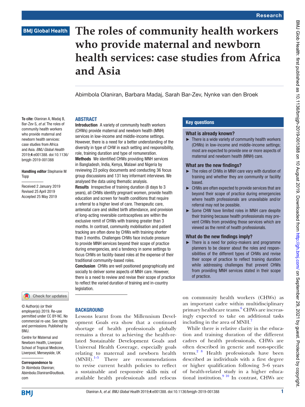 The Roles of Community Health Workers Who Provide Maternal and Newborn Health Services: Case Studies from Africa and Asia