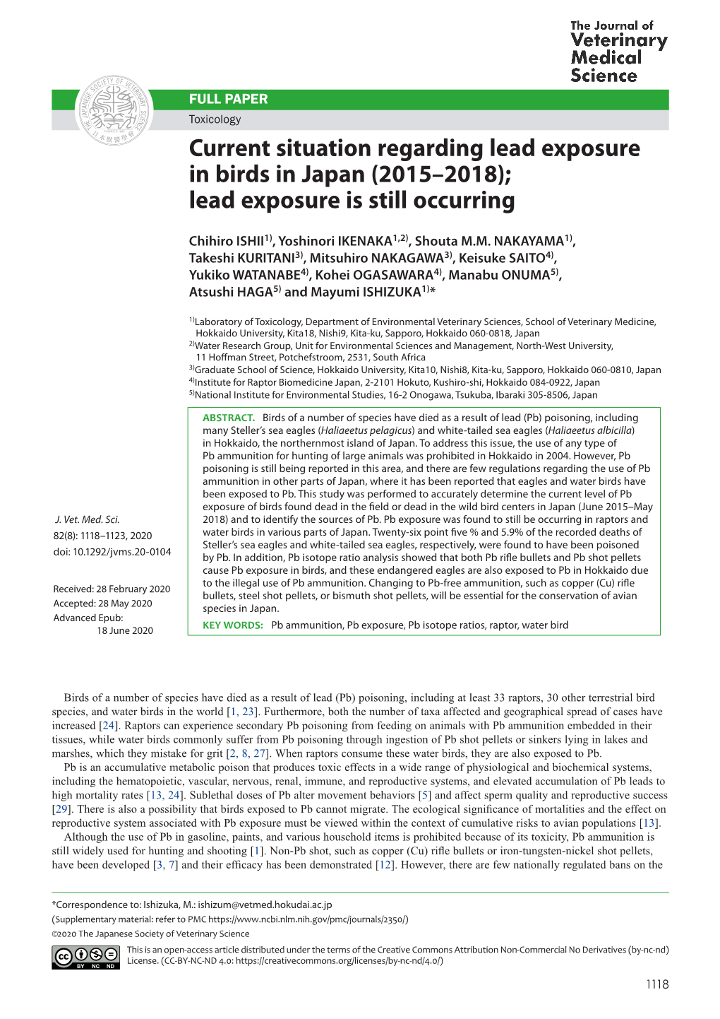 Current Situation Regarding Lead Exposure in Birds in Japan (2015–2018); Lead Exposure Is Still Occurring