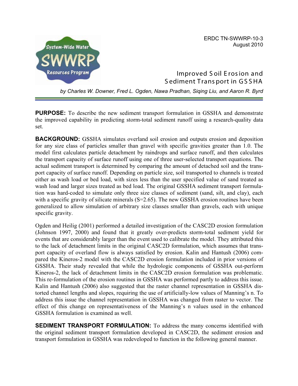 ERDC TN-SWWRP-10-3, Improved Soil Erosion and Sediment