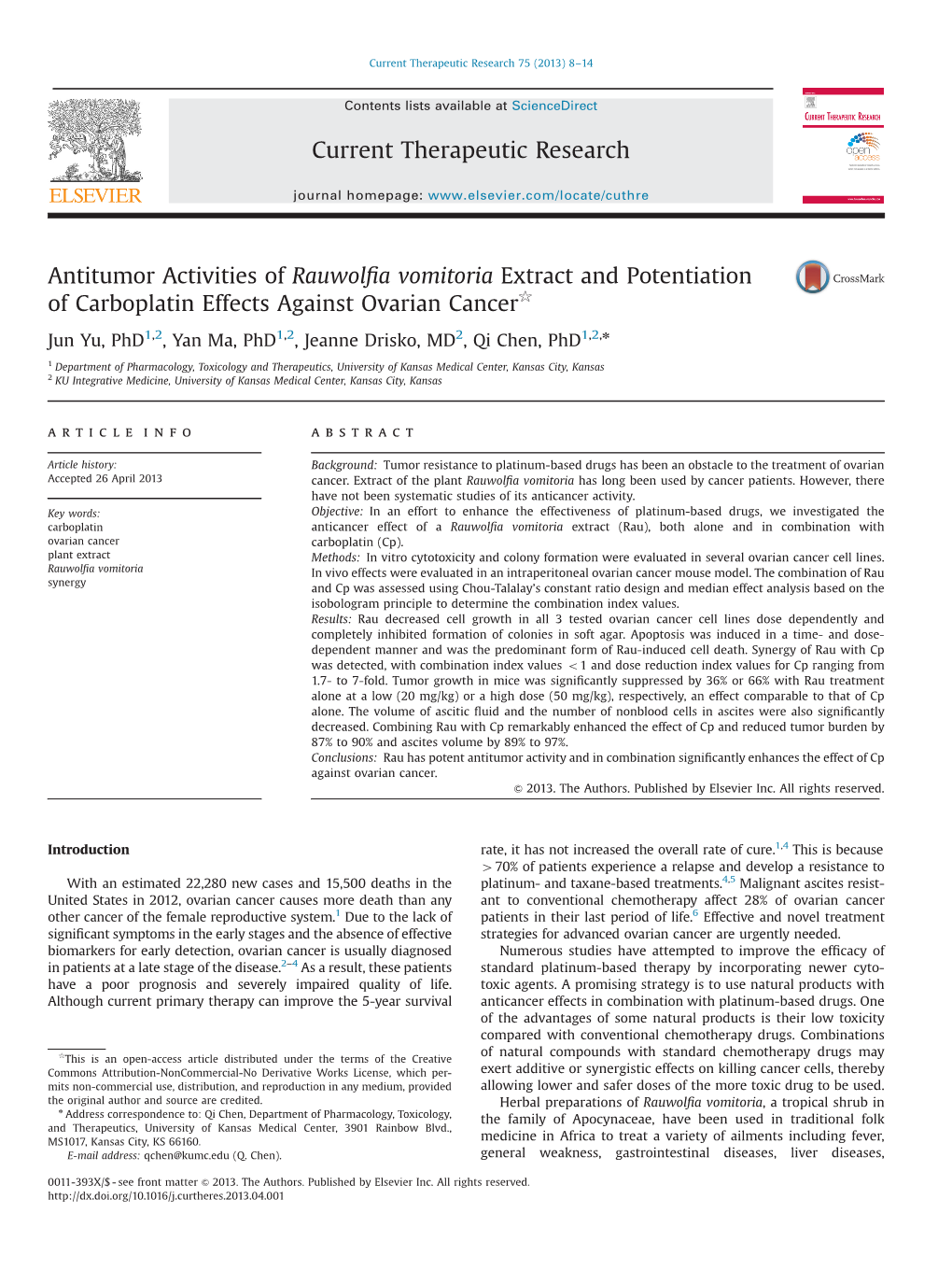 Antitumor Activities of Rauwolfia Vomitoria Extract and Potentiation Of